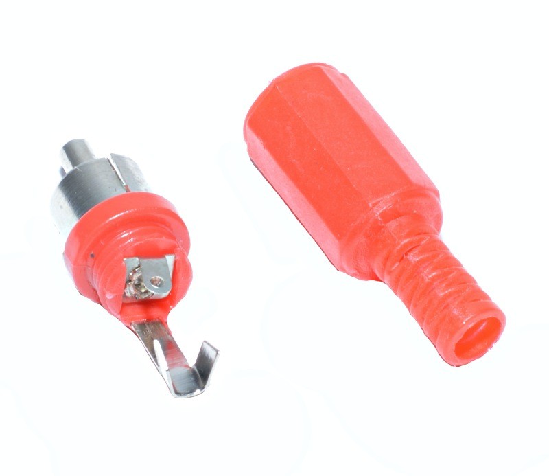 Conector RCA tata rosu dezasamblat, detaliu clema de masa si pin central pentru montare prin lipire