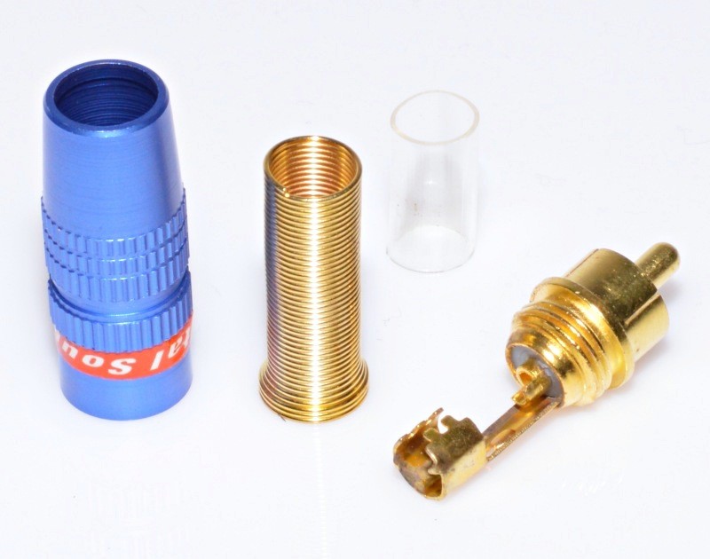 Mufa RCA tata demontata, componente separate: carcasa albastra, arc metalic, izolator transparent, pin gold