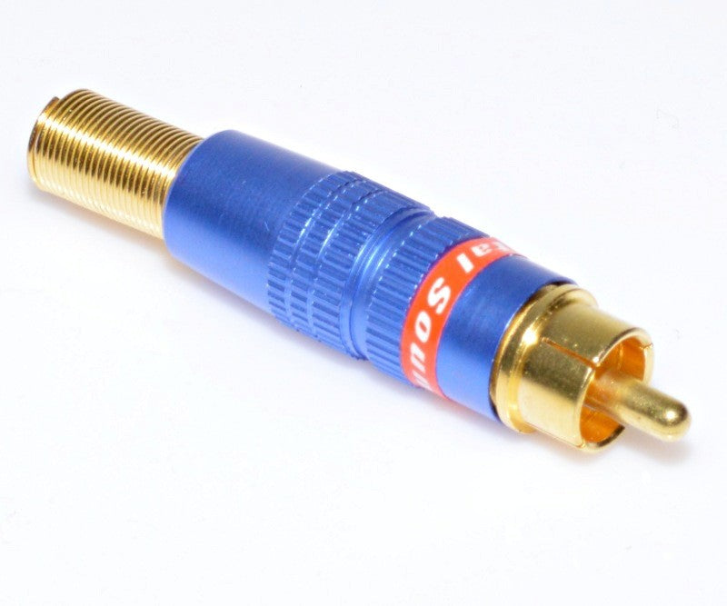 Mufa RCA tata cu contacte placate aur si corp anodizat albastru, cu arc metalic de protectie cablu