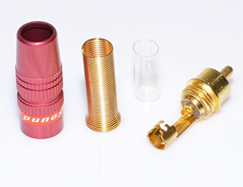 Mufa RCA tata dezasamblata, componente separate: capac rosu, arc auriu, izolator si pin central