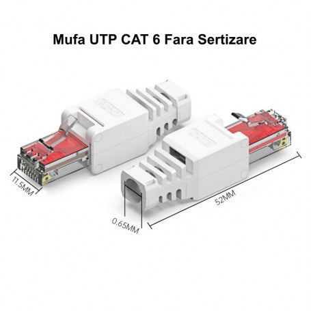 Mufa RJ45 CAT 6 UTP dimensiuni 52x11.5mm, set doua bucati vedere frontala si laterala
