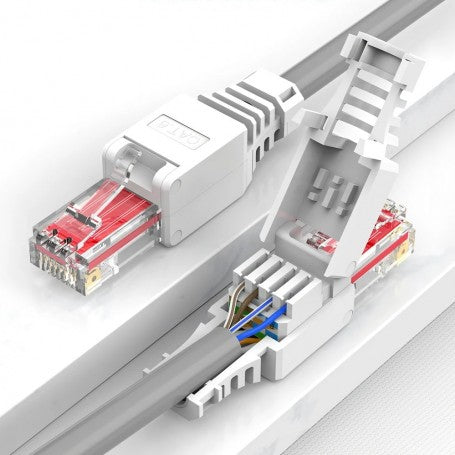 Mufa RJ45 CAT 6 fara sertizare in doua pozitii, deschisa cu fire introduse si inchisa gata