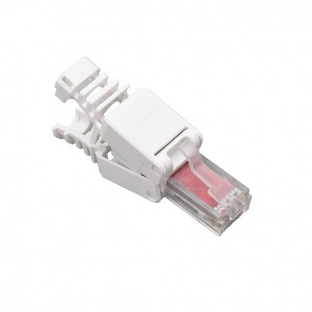 Mufa RJ45 CAT 6 UTP asamblata, vedere laterala cu conector transparent si corp alb