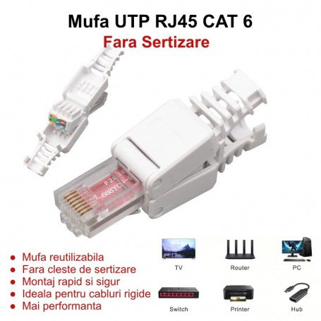 Mufa RJ45 CAT 6 UTP fara sertizare, reutilizabila, montaj rapid fara cleste, compatibila cablu retea