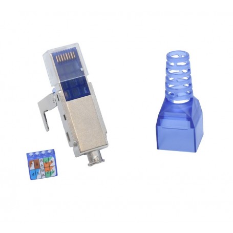 Mufa RJ45 CAT7 S/FTP cu pini vizibili prin corp transparent, alaturi de capac si schema de cablare