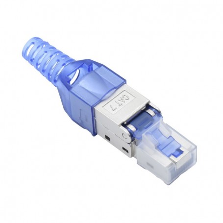 Mufa RJ45 CAT7 S/FTP asamblata complet, unghi de sus, corp transparent si boot albastru