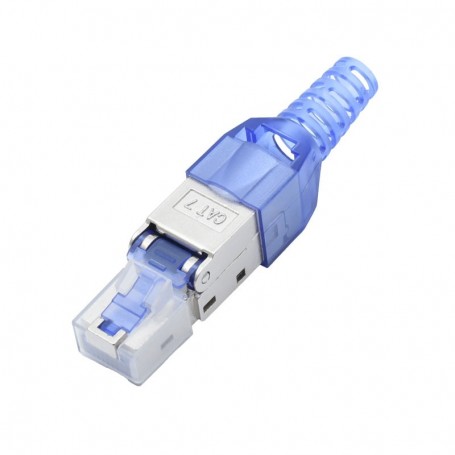 Mufa RJ45 CAT7 S/FTP asamblata, vedere laterala cu carcasa metalica si protectie albastra