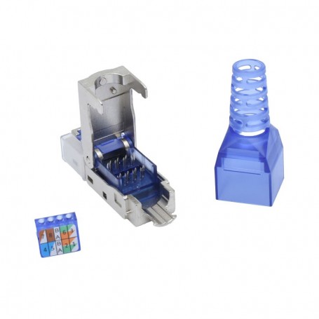 Mufa RJ45 CAT7 S/FTP dezasamblata, componente separate: corp metalic, capac albastru si diagrama cablare