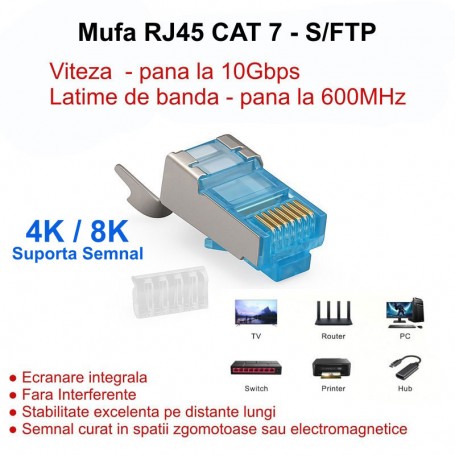 Mufa RJ45 CAT7 S/FTP detaliata, compatibila TV, router, switch, suporta semnal 4K/8K