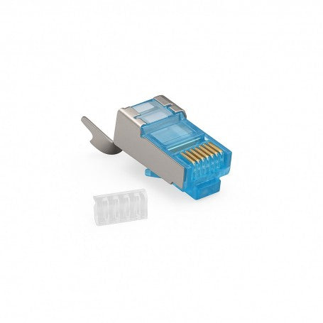 Mufa RJ45 CAT 7 S/FTP albastra cu ghidaj CUT si ecranare metalica, vedere laterala