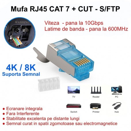 Mufa RJ45 CAT 7 S/FTP cu ecranare metalica, viteza 10Gbps, latime de banda 600MHz, set 50 bucati