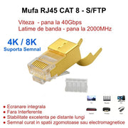 Mufa RJ45 CAT 8 S/FTP aurita, viteza 40Gbps, 2000MHz, ecranare metalica integrala, compatibila TV router PC