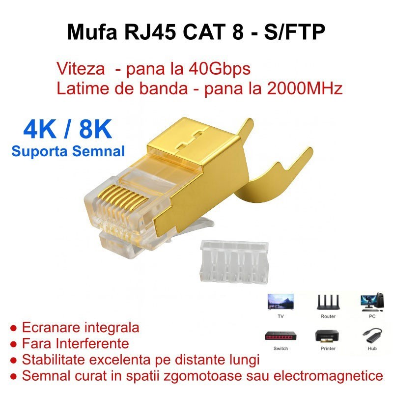 Mufa RJ45 CAT 8 S/FTP aurita, viteza 40Gbps, 2000MHz, ecranare metalica integrala, compatibila TV router PC