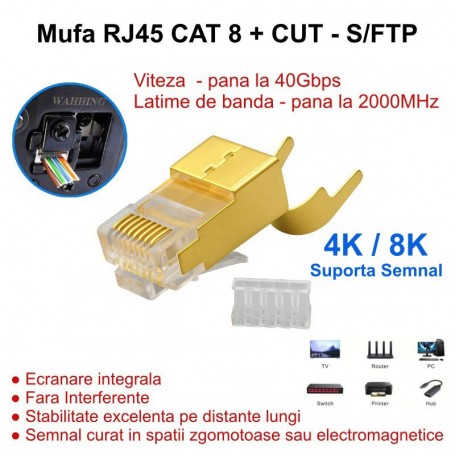 Mufa RJ45 CAT 8 S/FTP cu ecranare metalica aurie, viteza 40Gbps, latime de banda 2000MHz, compatibila 4K/8K