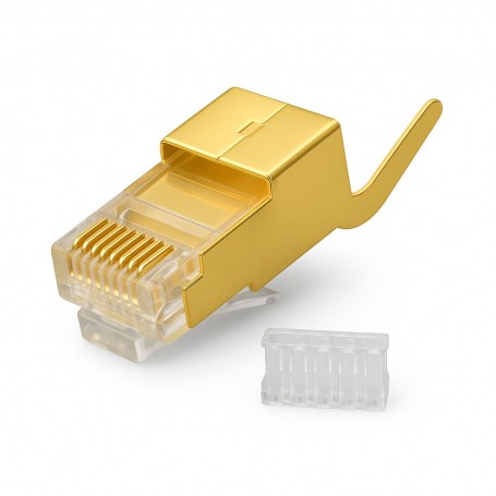 Mufa RJ45 CAT 8 aurie cu capac de ghidare transparent, ecranare metalica completa, vedere detaliata