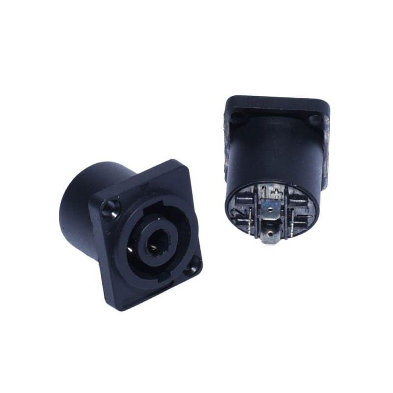 mufa speakon mama pe placa 4 contacte, montaj panou, corp ABS negru, format compact 30x25x35mm