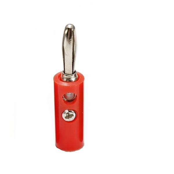 Mufa borna audio tata rosie, vedere frontala cu orificiu conductor si pin metalic nichelat 4mm
