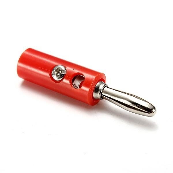 Mufa tata borna audio rosie 4mm, pin nichelat, corp plastic cu surub lateral de fixare, lungime 39mm