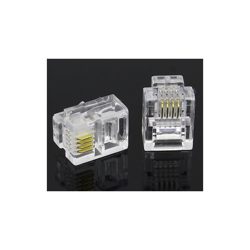 Mufa RJ11 plastic transparent, contacte aurite vizibile, vedere laterala si frontala