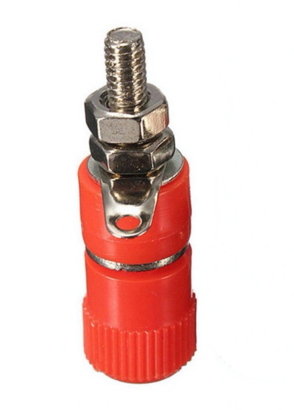 Borna mama rosie pe placa, vedere surub hex superior si piulita de fixare metalica