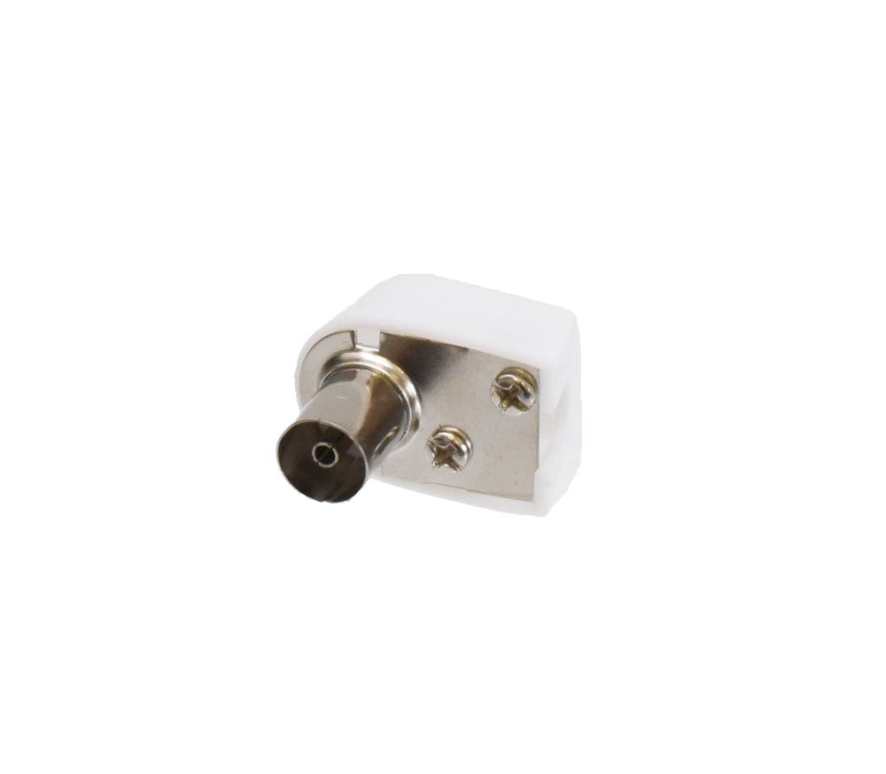 Mufa TV mama cot 90 grade pentru cablu coaxial RG6/RG59, corp plastic alb cu conector metalic