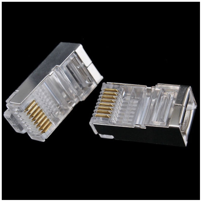 Conector RJ45 metalic cu contacte aurite, vedere detaliata a pinilor si carcasei blindate