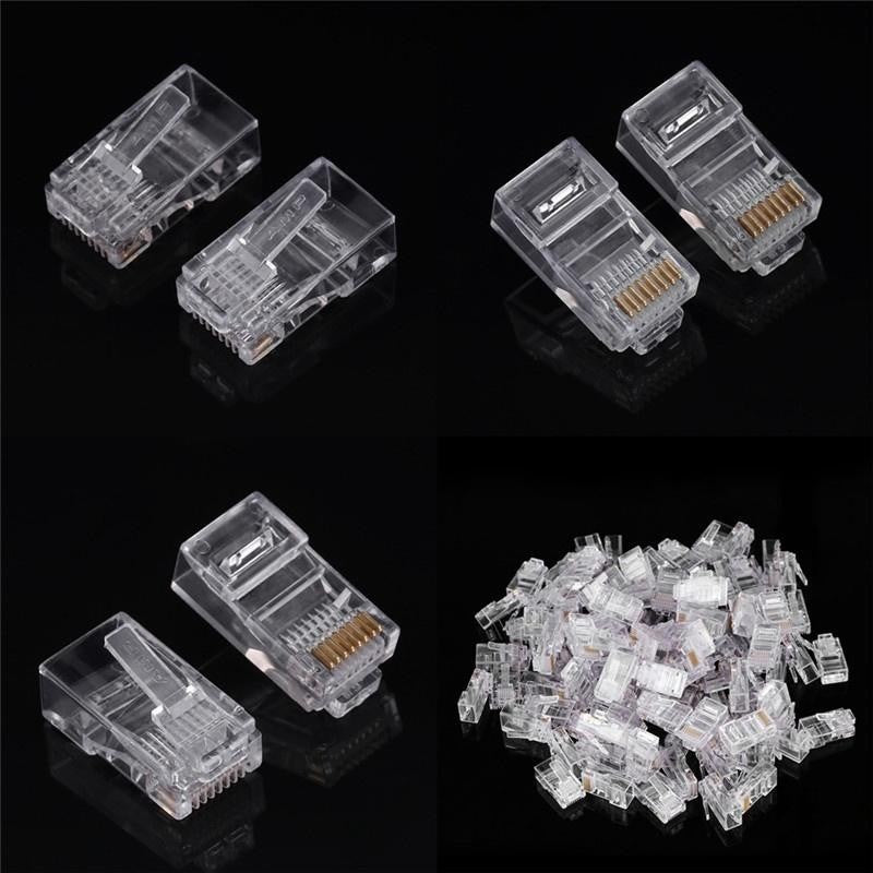 Mufe RJ45 CAT6 transparente prezentate din unghiuri multiple si in cantitate mare, set 100 buc