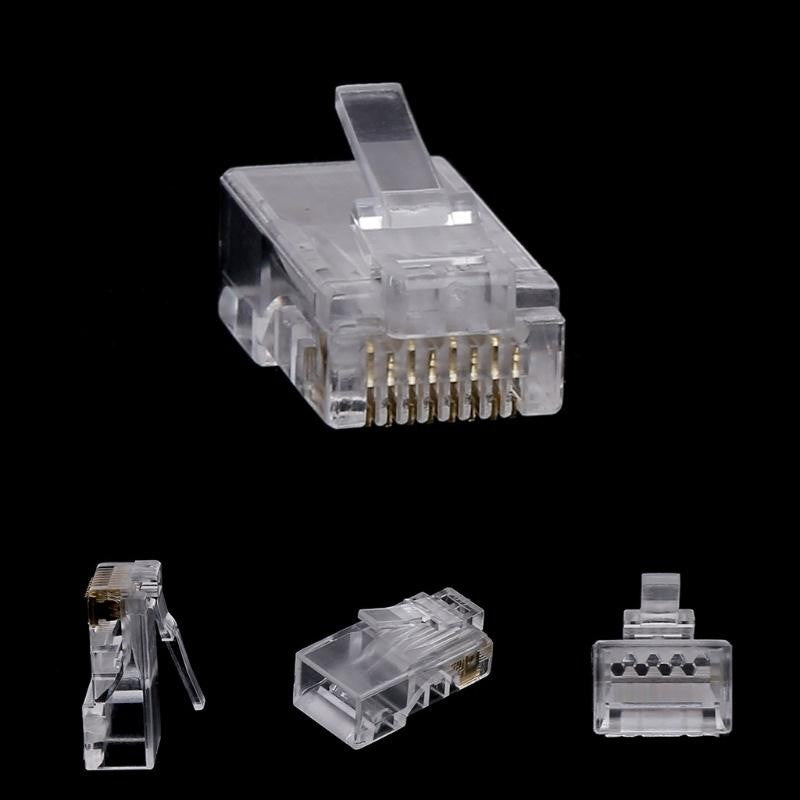 Mufa RJ45 CAT6 transparenta din 4 perspective, cu detaliu clema si canal de cablare