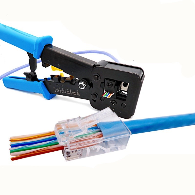 Mufa RJ45 CAT6E pass-through montata pe cablu UTP, compatibila cu cleste de crimpat standard