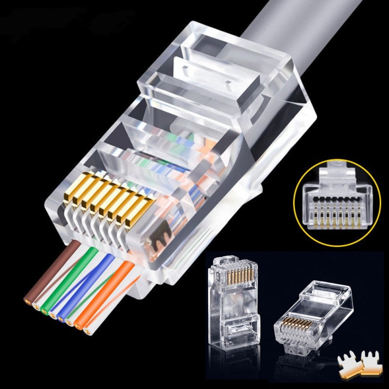Mufa RJ45 CAT6E transparenta cu 8 pini aurit, detaliu contacte si fire colorate ordonate in conector