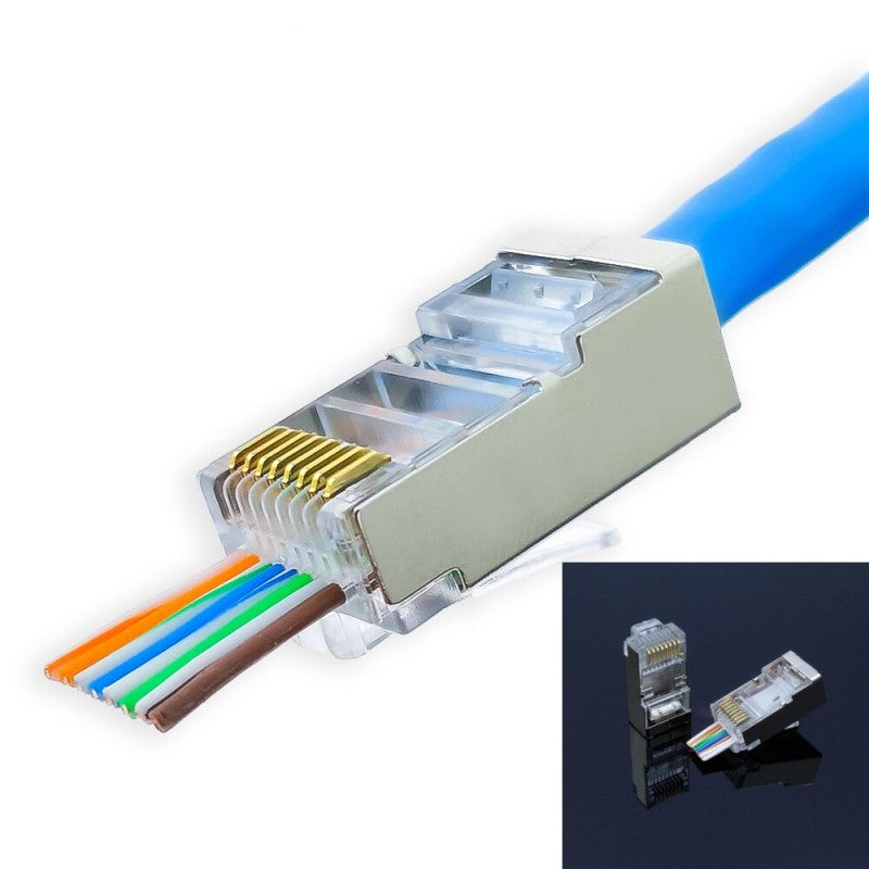 Mufa RJ45 CAT6E blindata cu contacte aurite si ghid de fire, vedere detaliata pini si cablu UTP