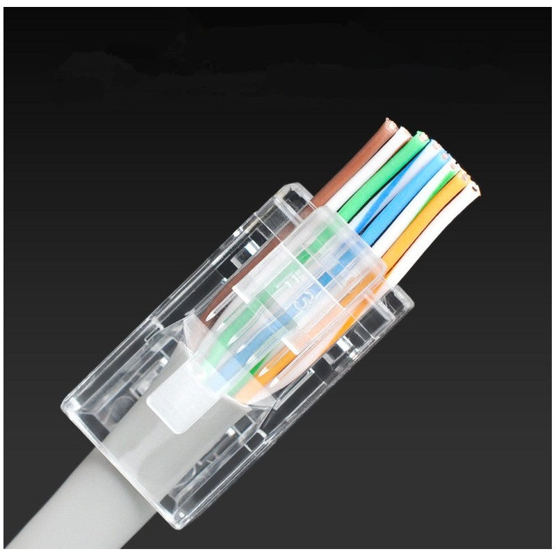 Mufa RJ45 CAT6E tip EZ montata pe cablu gri, fire colorate vizibile prin corp transparent inainte de crimpare