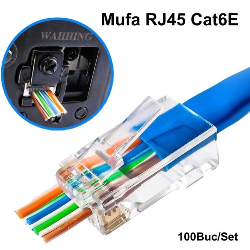 Mufa RJ45 CAT6E tip EZ cu trecere prin, set 100 bucati, corp transparent cu verificare vizuala fire
