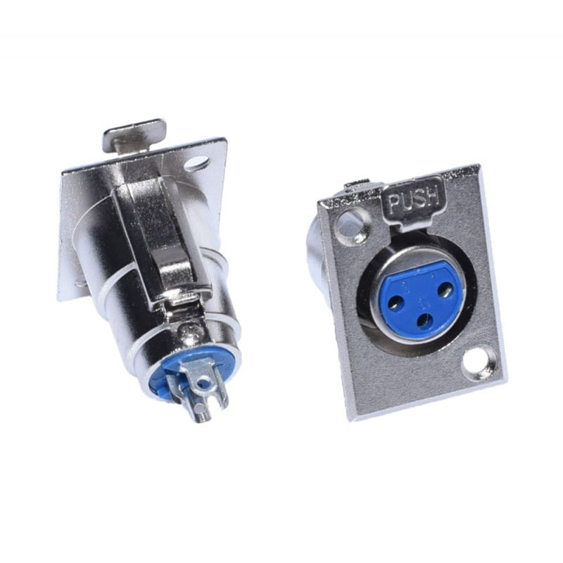 Mufa XLR mama pe placa, corp metalic nichelat, insert albastru 3 pini, montaj fix cu flansa dreptunghiulara