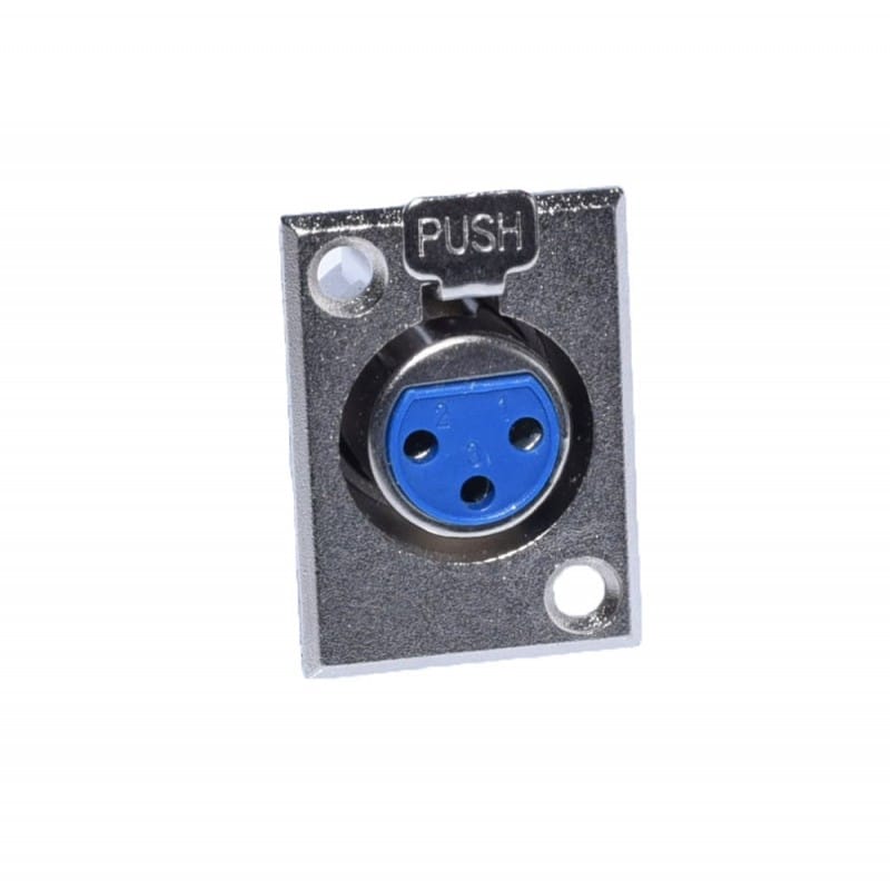 Conector XLR mama pe placa, vedere frontala cu insert albastru 3 pini si buton PUSH