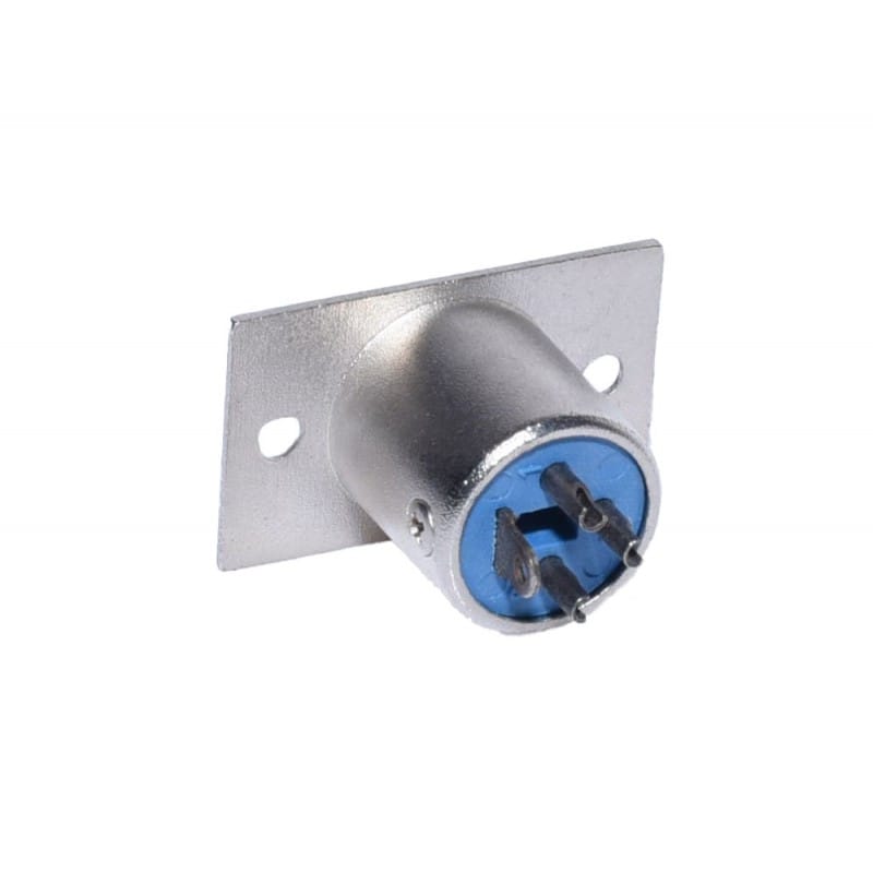 Conector XLR tata pe placa, vedere din fata, pini de contact albastru vizibili, flansa metalica pentru fixare