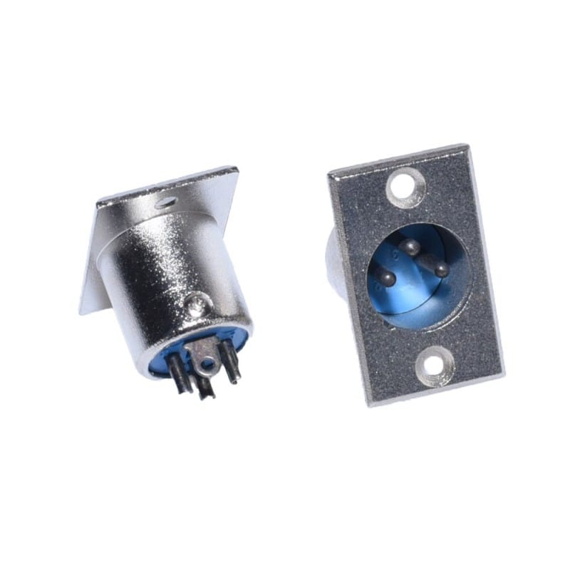 Set conector XLR tata pe placa, vedere laterala si frontala, pini albastri si cleme lipire accesibile