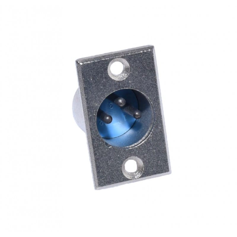 Conector XLR tata pe placa, detaliu frontal, 3 pini de semnal, flansa rectangulara cu orificii de montaj