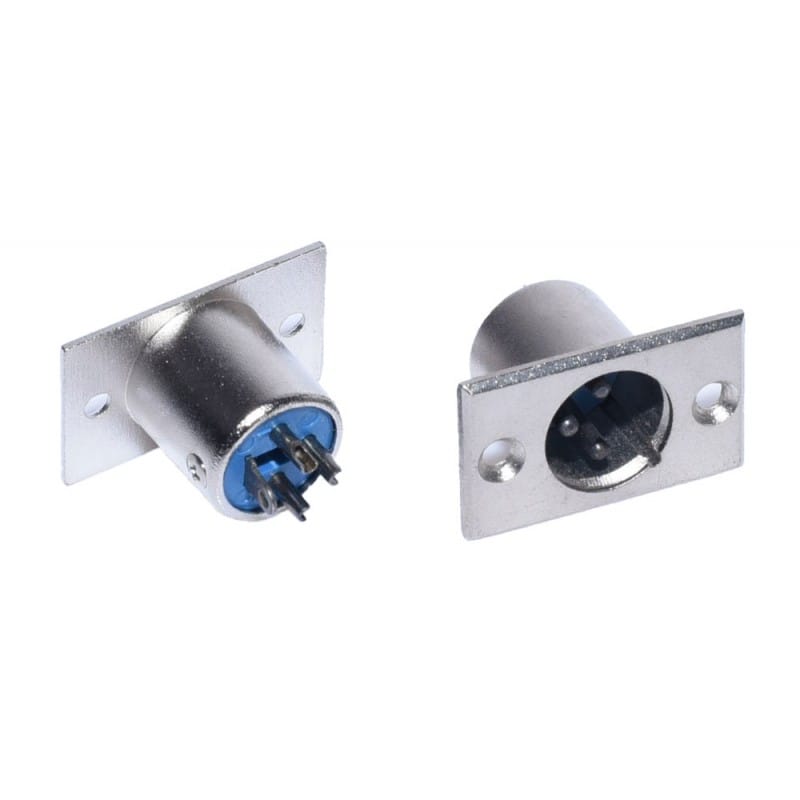 Mufa XLR tata pe placa, corp metalic, 3 pini contact, flansa rectangulara cu 2 suruburi, montaj fix pe panou
