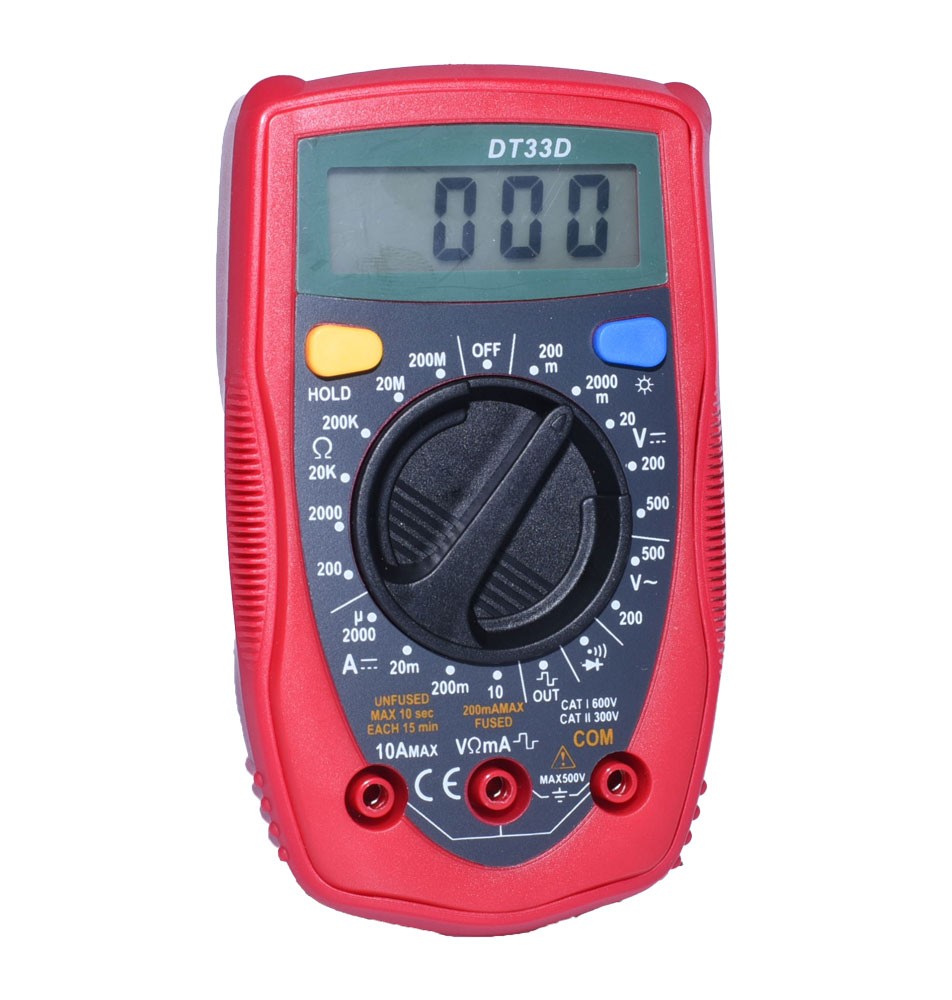 Multimetru digital portabil, tensiune max 500V AC/DC, curent 10A, afisaj LCD iluminat, selector rotativ