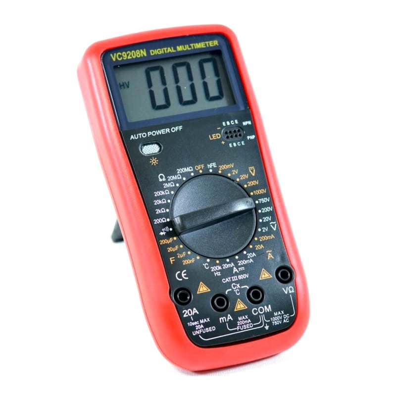 Multimetru digital 1000V DC/AC, 20A, ecran LCD 1999 puncte, carcasa rosie ergonomica cu suport rabatabil