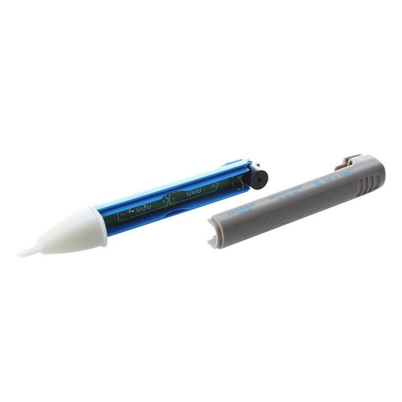Tester de tensiune deschis, compartiment baterii AAA vizibil, capac detasat