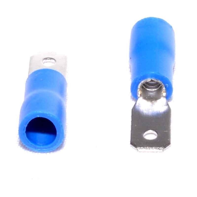 Papuci electrici tip tata 4,8mm cu izolatie albastra, compatibili cabluri 1,5-2,5mm², set 100 bucati