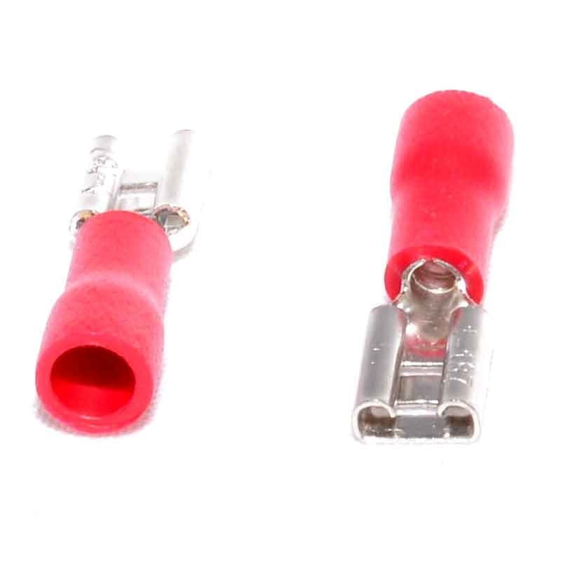 Papuci electrici tip mama 4,8mm cu izolatie rosie PVC, compatibili cabluri 0,5-1,5mm², set 100 buc