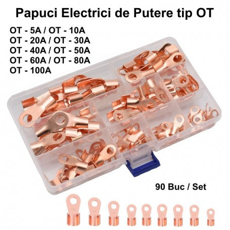 Set 90 papuci electrici din cupru tip OT, 9 dimensiuni 5A-100A, in cutie organizata