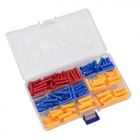 Set 150 papuci electrici pentru inadire cablu AWG 22-10, conectori izolati PVC in cutie compartimentata, rosu albastru galben
