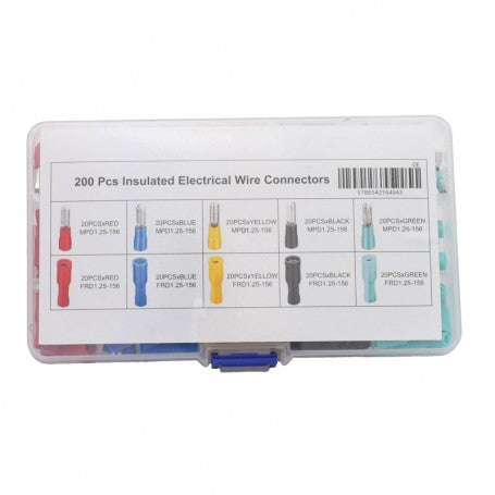 Cutie 200 conectori izolati MPD si FRD 1.25-156, eticheta cu specificatii pe capac transparent