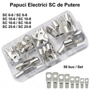 Set 56 papuci electrici tip SC cupru cositorit, dimensiuni SC6 pana SC25, gauri 6-8mm, in cutie organizatoare
