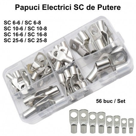 Set 56 papuci electrici tip SC cupru cositorit, dimensiuni SC6 pana SC25, gauri 6-8mm, in cutie organizatoare