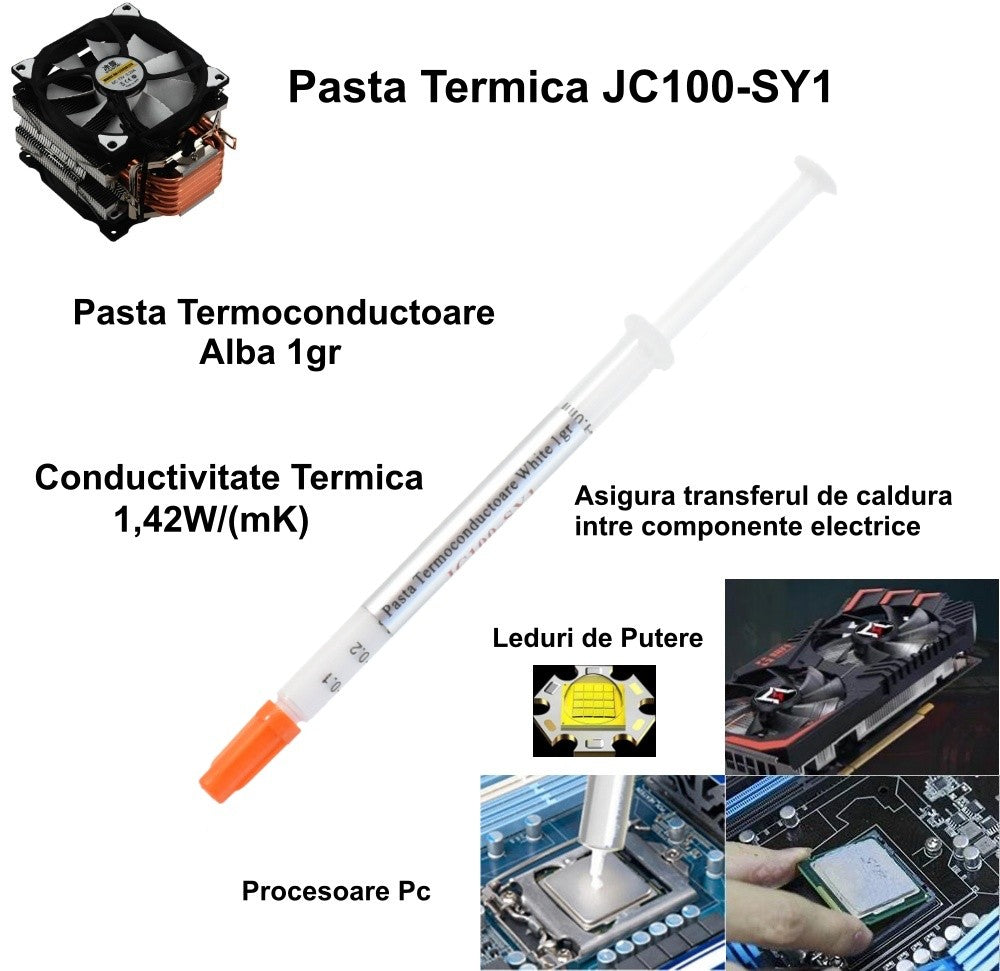 Pasta termoconductoare alba in seringa, compatibila cu procesoare, placi video si LED-uri de putere, 1,42W/mK